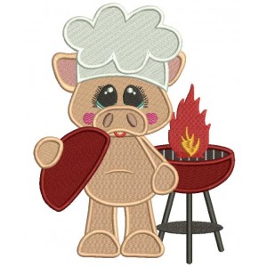 BBQ Chef Piggy With a Cute Smile Filled Machine Embroidery Design Digitized Pattern
